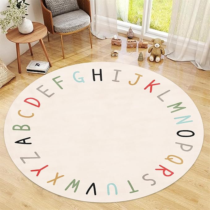 Children's Round Play Rug,7ft,ABC Letter Educational Rug, Soft and Fluffy Imitation Cashmere Rug, Non-Slip Washable Floor Mat for Children's Room, Suitable for Nursery, Classroom, Playroom