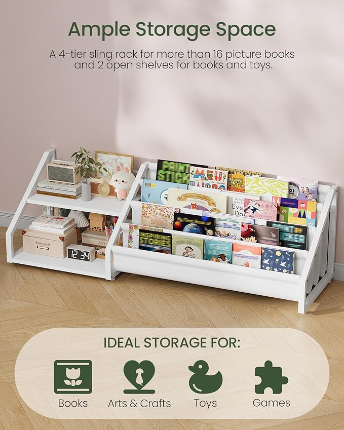 Kids Bookshelf, Book Shelf for Kids Rooms, Toddler Bookshelf with 2 Open Shelves and 4-Tier Sling Rack, for Kid Room, Nursery, Bedroom, Playroom, White TCW06WB