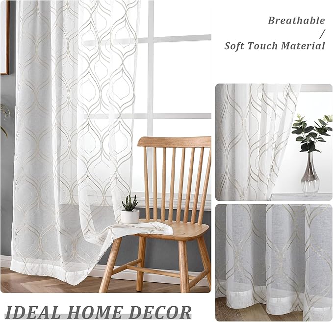 VISIONTEX White Sheer Curtains 120 Inches Long 2 Panels Set Brown Moroccan Embroidered Curtains Trellis French Textured Rod Pocket Voile Tulle Semi Window Drapes for Bedroom Living Room 54 x 120 Inch