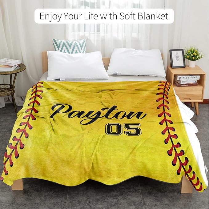 Personalized Softball Kids Blanket with Naumber and Name - Custom Sport Bed Blankets Gift for 0-3 Months Baby Essential - Super Warm and Comfortable 40x50inch
