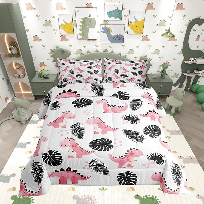 Cartoon Pink Dinosaur Bedding Set for Boys Girls,Palm Leaf Tropical Plants All Season Cozy Comforter Set Full Size,Watercolor Cute Animals Duvet Set Bedroom Decor,Festival Gifts