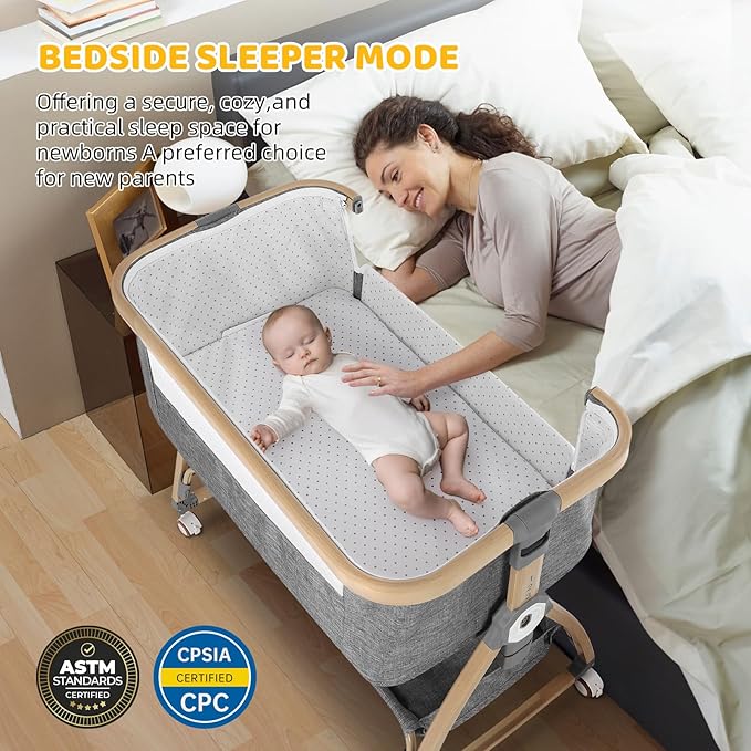 Bassinet Bedside Sleeper,Bedside Bassinet,Rocking Bassinet,3 in 1 Baby Bassinet with Mattress,Mobile,Mosquito Net,Storage Basket,6-Height Adjustable Portable Bassinet with Wheels for Newborn Infants