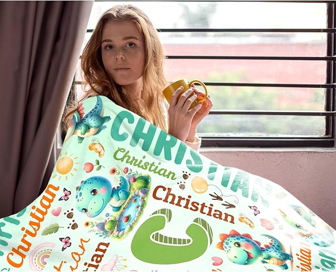 Personalized Custom Green Dinosaur Blanket Gifts for Kids Boys Girls with Name - Customized Green Dinosaur Super Soft Lightweight Flannel Sheets Decor for Crib Nap Couch - 50"x60" for Teens