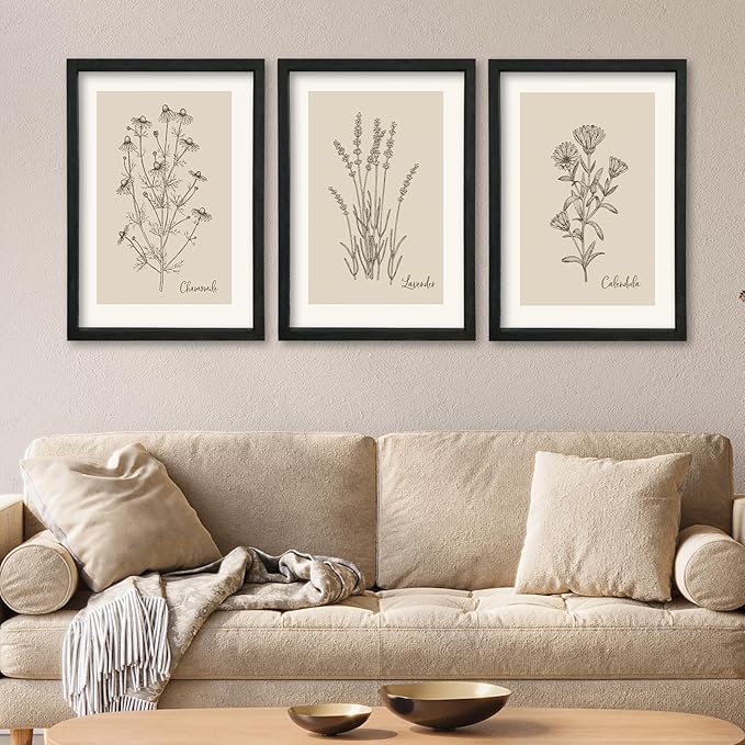 YWJKWLGS Vintage Botanical Wall Art 11x16 Inch Set Of 3 Wooded Framed Minimalist Rustic Wildflower Pictures Floral Sign Bedroom Wall Hanging Decor (Black)
