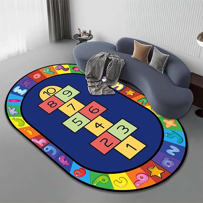 Hopscotch Rug, 5x7ft, Kids Play Oval Rug for Boys & Girls, Colorful Alphabets Educational Game Carpet, Soft Non-Slip Machine Washable Rug for Classroom Toddler Room