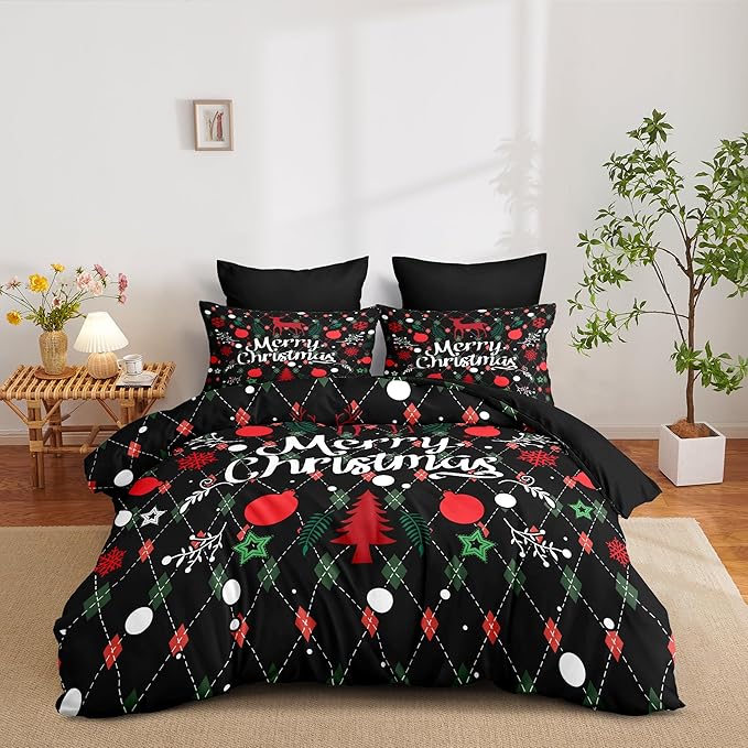 Christmas Duvet Cover Twin Size Black Christmas Tree Bedding Set 2 Pieces Kids Boys Girls Happy Holiday Xmas Comforter Cover with Zipper Closure and 1 Pillowcase (No Comforter)