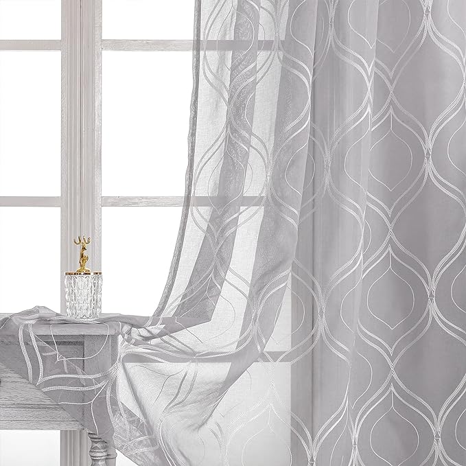 VISIONTEX White Sheer Curtains 108 Inches Long 2 Panels Set Grey Moroccan Embroidered Curtains Trellis French Textured Rod Pocket Voile Tulle Semi Window Drapes for Bedroom Living Room 54 x 108 Inch