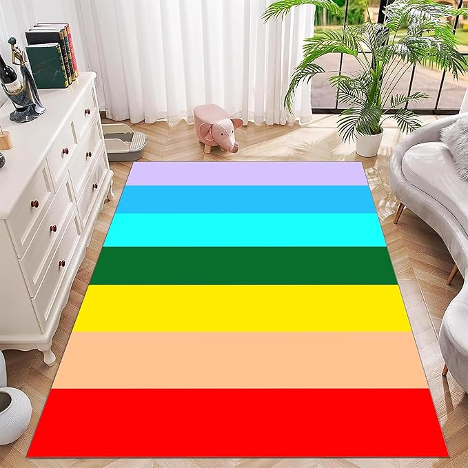 Soft Rainbow Area Rugs Girl's Bedroom Fluffy Colorful Rugs Furry Kids Play Mats Simple Rainbow Line Print Living Room Kids Room Nursery Home Decor 6x8ft