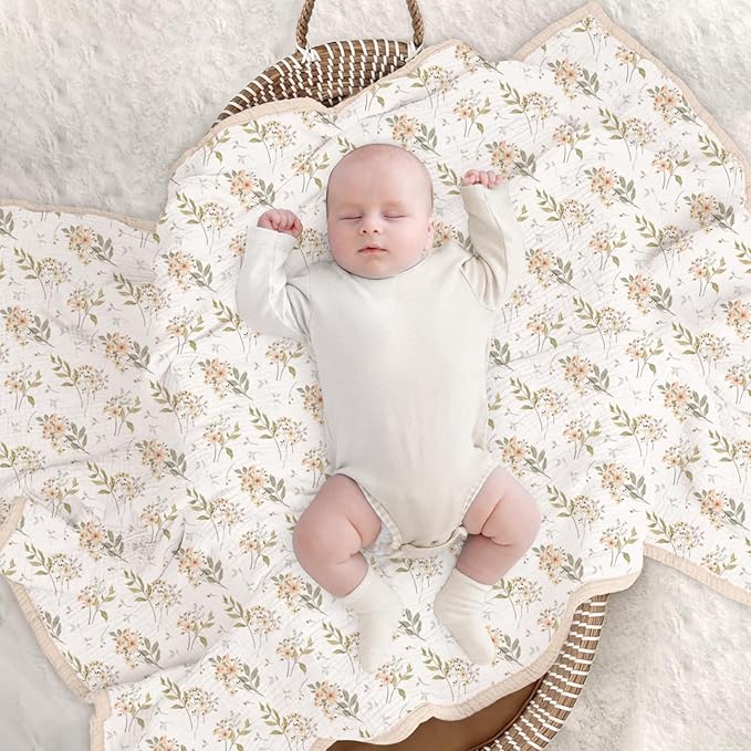 lulumoon Muslin Baby Blanket for Girls: Lightweight Cotton Blanket for Newborn - Soft Nursery Blanket for Stroller 47x47 Inches (Ivory Flower)