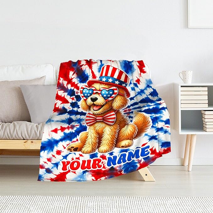 Personalized Dog Blanket for Girls - 60" x 80" Inches Golden Retriever Throw for Adult, Women - American Flag Blankets for Bed, Living Room