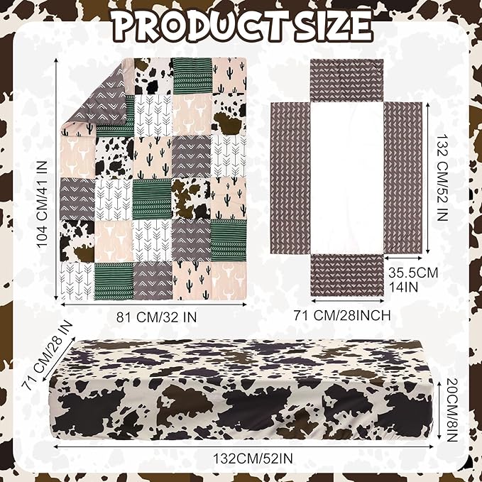 3 Piece Patchwork Western Crib Bedding Set, Neutral Cow Cactus Print Baby Bedding, Barnyard Western Nursery Decor, Standard Size Soft Baby Bed Set Includes Quilt, Fitted Crib Sheet, Bed Skirt