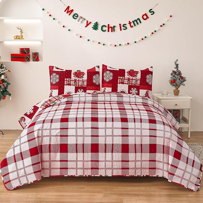 Cuddle Sofia Christmas Quilt Set: Twin Size, Red Plaid Gnome Christmas Decor, Lightweight Reversible Bedspread
