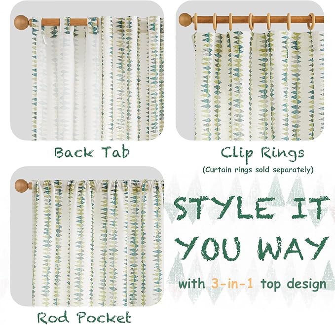 jinchan Linen Nursery Curtains for Living Room Boho Curtains for Bedroom Kids Room 63 Inches Long Geometric Printed Farmhouse Drapes Rod Pocket Window Treatment Curtain Set of 2 Panels Green