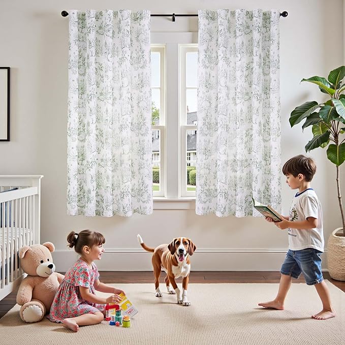 jinchan Linen Nursery Curtains 63 inch Long Woodland Wildlife Sage Green Print Drapes for Kid's Room Light Filtering French Country Farmhouse Curtains with Bunny and Forest Design Set of 2 Panels