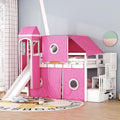 Playhouse Twin Size Low Loft Bed with Slide & Tent and Tower, Solid Wood Tent Bed Frame with Storage Staircase for Kids Teens Boys Girls, Versatile Spacious Under Bed Space with Curtains (Pink-TST)