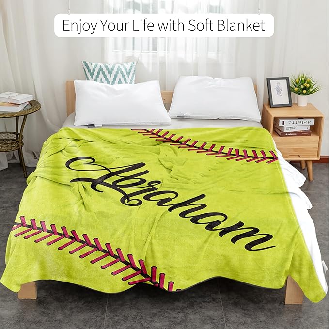 Personalized Softball Kids Blanket with Naumber and Name - Custom Sport Bed Blankets Gift for 0-3 Months Baby Essential and Warm 60x80inch