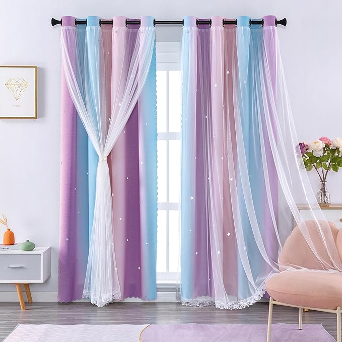 XiDi Girls Blackout Curtains 84 Inches Long for Bedroom Hollow Out Star Rainbow Pattern Room Darkening Window Drapes for Kids Nursery Room Unicorn Wall Decals Grommets Top 2 Panels 42x84 Pink Purle