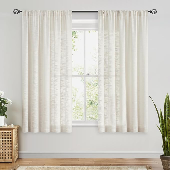 FMFUNCTEX Linen Semi Sheer Curtains 45 Inches Long for Bedroom Living Room, Beige Curtain Panels Sheer Linen Textured Window Drapes Farmhouse Light Filtering Natural 2 Panels Rod Pocket