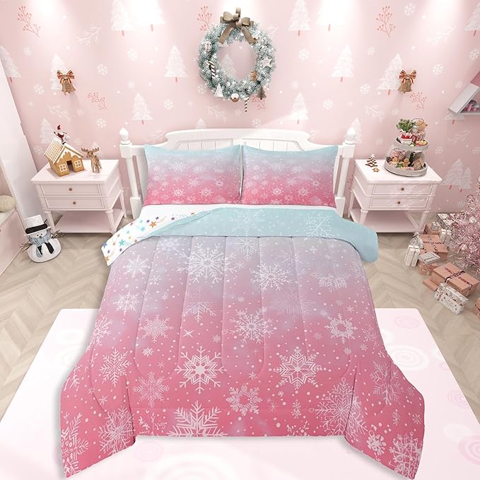 Feelyou Christmas Comforter Set Twin Size Winter Snowflake Bedding Set for Kids Boys Girls Blue Pink Gradient Duvet Quilt Bedroom Decor Microfiber 2 Pcs with 1 Pillow Cases