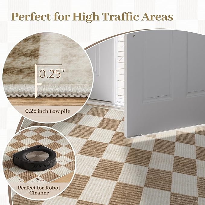 LIVEBOX 9x12 Area Rugs for Living Room, Checkered Non-Slip Washable Rugs, Farmhouse Neutral Classic Geometric Large Boys Area Rug for Bedroom, Carpet for Living Dining Room Office(Brown,9'x12')