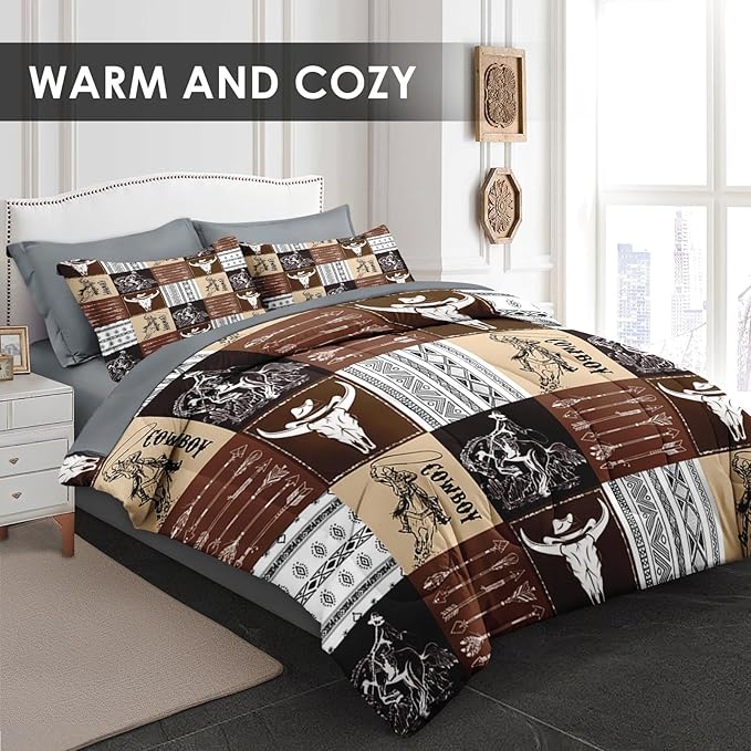 7 Pcs Full Size Comforter Set with 2 Pillowcases & 2 Shams, Cowboy Vintage Brown Bedding for Kids and Adults, Western Bed in a Bag with Flat Fitted Sheet