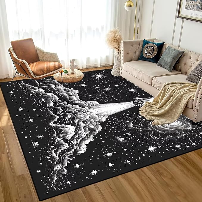 Space Rug for Kids Room Black Galaxy Rocket Rugs for Boys Bedroom Stars Carpet Planet Throw Rugs for Teens Doormat Living Room,39 in x 79 in
