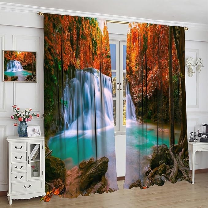 Autumn Forest Waterfall Blackout Curtains, Fall Leaves Trees Jungle Country Nature Landscape Window Drapes, for Bedroom Living Room 42" W X 45" L