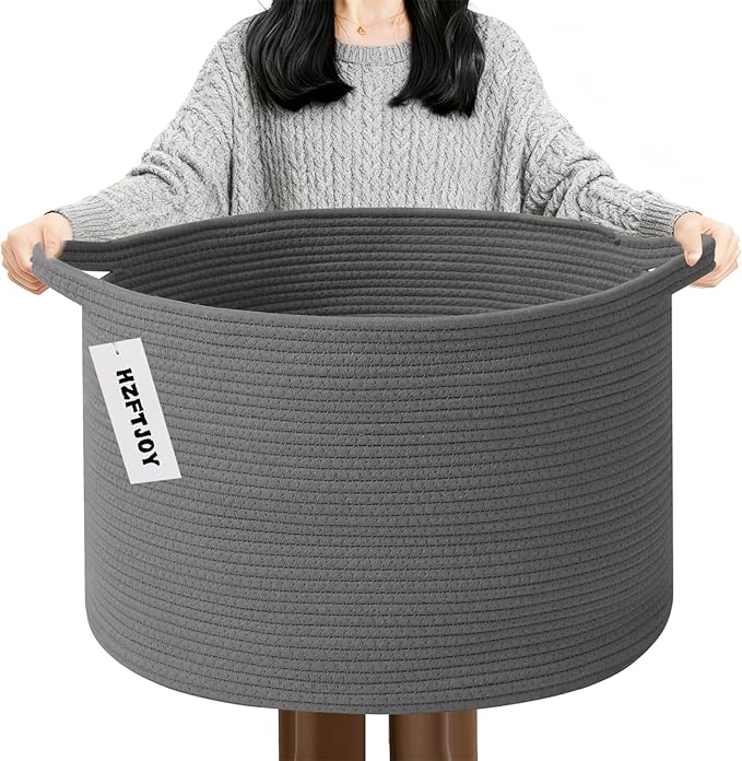 Large Blanket Basket for Organizing,65L Closet Organizers and Storage Bins Box for Shelves Woven Rope Storage Baskets,Living Room,Bedroom,Dorm,Laundry room (Dark Grey)