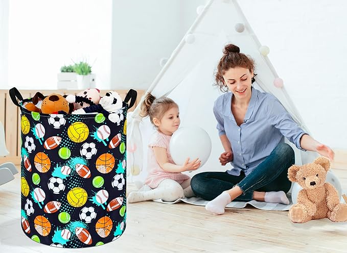 KUNRO Basketball Football Laundry Gift Basket Storage Hamper, Kids Toys and Clothes Storage Organizer Bins, Toy Shelf Basket with Handles for Room Decor (Sport-Balls)