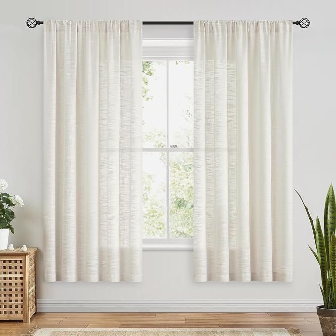 FMFUNCTEX Linen Semi Sheer Natural Curtains for Bedroom Living Room, Beige Curtain Panels 72 Inches Length Sheer Linen Textured Window Drapes Farmhouse Light Filtering 2 Panels Rod Pocket
