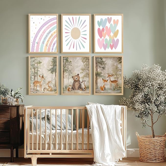 LLEEMPI Woodland Nursery Wall Decor Set of 3, Cute Forest Animal Wall Art, Bear Fox Deer Watercolor Canvas Prints, Vintage Nature Poster Prints for Kids Bedroom Bathroom Playroom Wood Framed 12x16 Inch