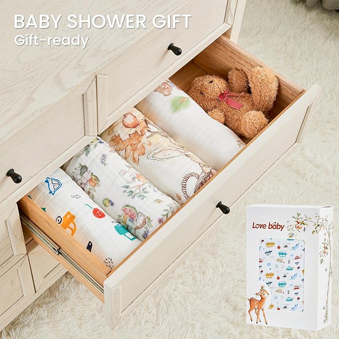 Luxury Muslin Baby Blanket, Cozy Swaddle, 6-Layer Cotton Receiving Blanket for Newborn Infant, 43x43 Inch Lightweight Breathable Crib Blanket, Nursery Stroller Toddler Quilt, Car Family