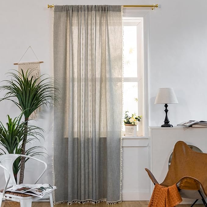 Deeprove Boho Style Curtains 84 inches Long, Vintage Bohemian Embroidery Striped Farmhouse Cotton Linen Fringe Window Treatments Bedroom Nursery Decor, W52 x L84, 1 Panel Dusty Grey and Stone Blue