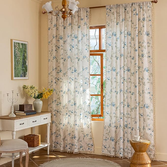 ENJOYBRIDAL Blue Floral Curtains 63 Inches Long Bedroom Cute Drapes Rod Pocket Boho Semi Sheer Short Window Curtain Panels Rustic Living Room Farmhouse 2 Panels Vintage Window Treatments