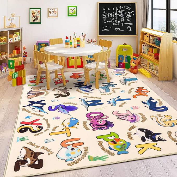 Kids Rugs for Playroom, 5x7 Feet Educational Rug for Learn The ABC Alphabet, Soft Machine Washable Non-Slip Cute Marine Organisms Carpet for Classroom Toddler Nursery Kids Room Decor, Beige