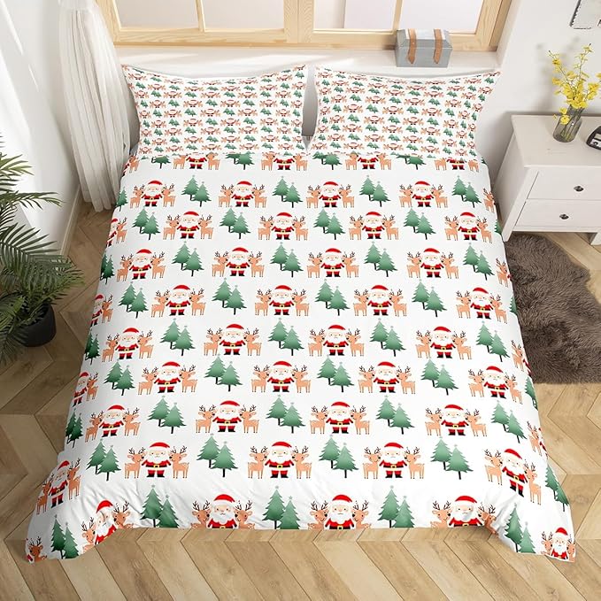 Christmas Duvet Cover Cartoon Santa Claus Bedding Set for Kids Boys Girls Teens Room Decor Cute Deer Christmas Tree Comforter Cover Set Xmas Theme Bedspread Cover 2Pcs Zipper Toddler Size