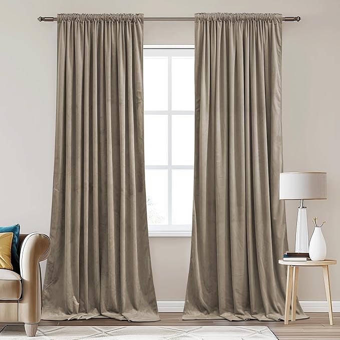 StangH Camel Beige Velvet Curtains 96 inches Long for Living Room, Back Tab Thermal Insulated Room Darkening Drapes for Farmhouse Decor Dining Room Divider, W62 x L96, 2 Panels