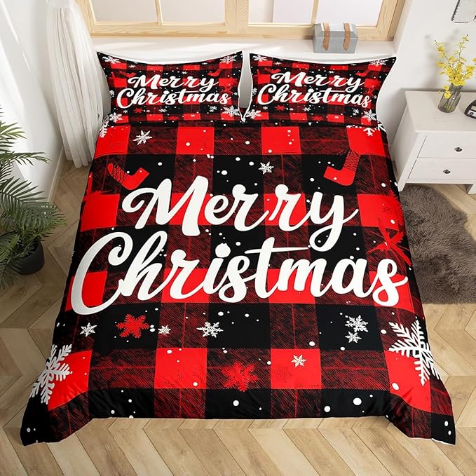 Red Black Plaid Duvet Cover Set Queen Size Merry Christmas Bedding Set 3pcs for Kids Boys Teens Western New Year Theme Comforter Cover White Snowflake Print Quilt Cover with 2 Pillowcases,No Comforter