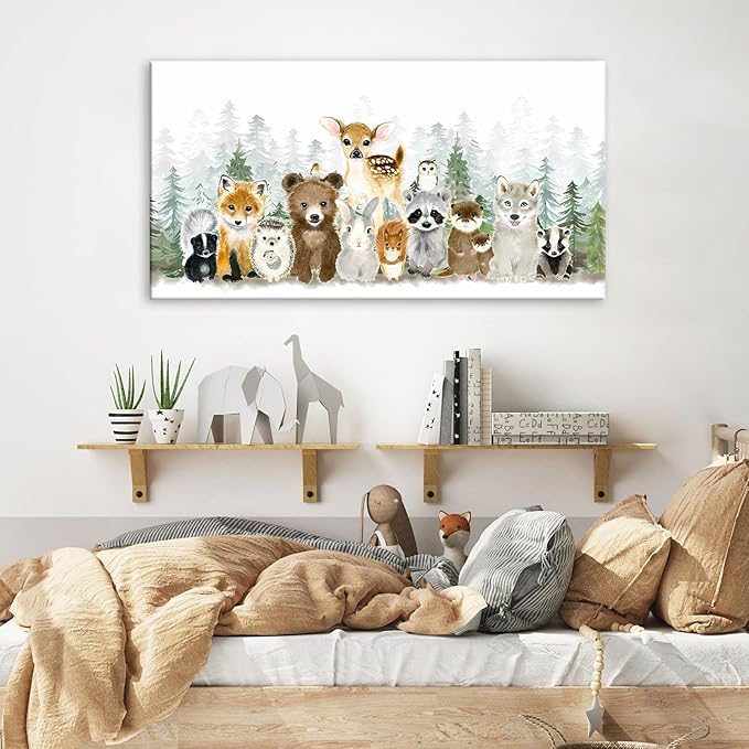 Woodland Animal Nursery Wall Art Watercolor Forest Baby Animal Nursery Wall Decor Printing Framed Fox Bear Deer Watercolor Poster Paintings Pictures for Boys Room Girls Room Home Decoration 12x24in