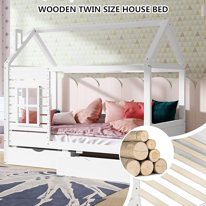 Aoowow Full Size Kids House Bed with 2 Drawers, Wooden Full Bed Frame with Window and Roof for Bedroom, Modern Full Size Kid Playhouse Daybed with Slats for Boys Girls, Can be Decorated, Full-White