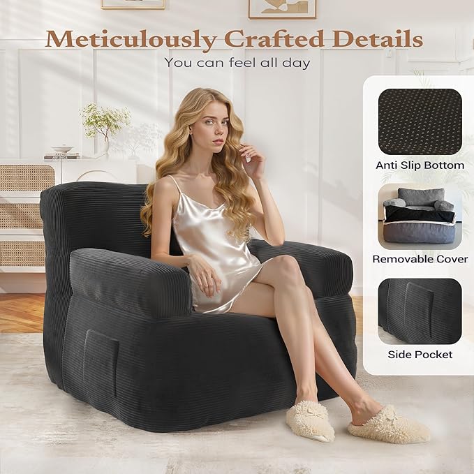 Giant Bean Bag Chair for Adults, Plush Big Bean Bag Lounger Chair with Shredded Foam Filling, Oversized Comfy Floor Sofa Couch with Side Pocket for Bedroom Living Room, Grey