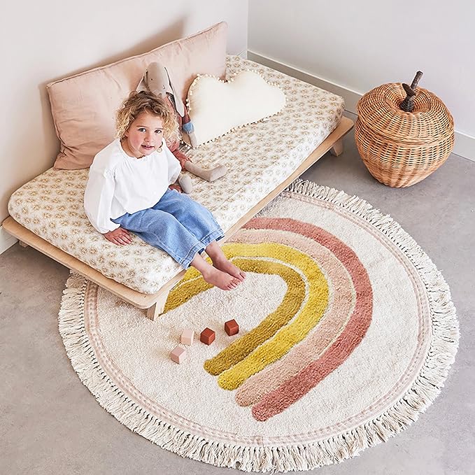 Rainbow Tassels Soft Area Rug for Girls Kids Room Washable Artificial Wool Bedroom Living Room, Kid Round Carpet Rainbow Pattern, Non-Slip Indoor Floor Carpet Home Decor, 5 Feet