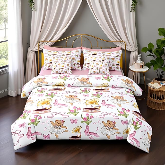 Pink Bowknot Princess Comforter King Size,Ballet Shoes Bear Dancer Cartoon 7 Pcs Bedding Set,Tulip Flower Music Note Record Decor,Bow Tie Romantic （Fitted+Sheet+2 Pillowcases+2 Throw Pillow Covers）