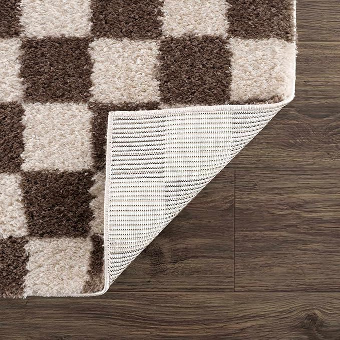 Hauteloom Canika Modern Checkered High Pile Area Rug - Contemporary Geometric Carpet for Living Room, Bedroom - Machine Washable Area Rug - Off-White, Dark Brown - 7'10" x 10'