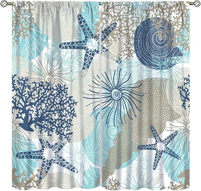 Shell Blackout Curtains Beach Shells Marine Life Water Grass Pattern Printed Curtains Suitable for Living Room Bedroom Privacy Curtains 42x45 Inches