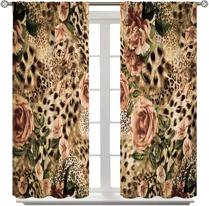 Leopard Floral Blackout Curtains, Cute Boho Floral Cheetah Animal Pattern Safari Natural Theme Window Treatments for Bedroom Living Room 52" W X 84" L