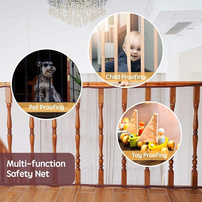 Banister Guard for Baby - 15ft x 3ft, Child Safety Net, Rail Balcony Banister Stair Mesh for Kids, Toys, Pets - Dark Brown…