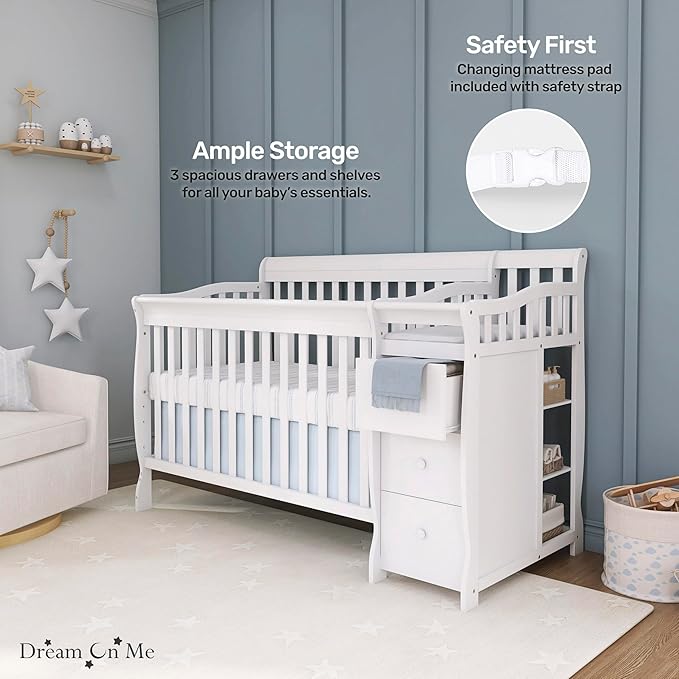 Dream On Me Brody 5-in-1 Convertible Full-Size Baby Crib & 3-Drawer Changer in White, Pinewood, GreenGuard Gold & JPMA, 1” Changer Pad, 3 Mattress Heights, Converts to Toddler & Full Size Bed