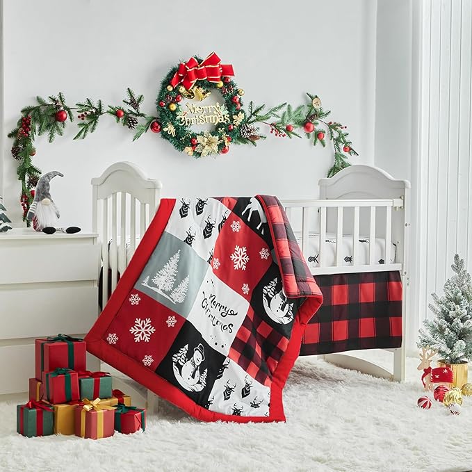 Christmas Gray Crib Bedding Set 3 Pieces New Year Style Quilted Plaid Comforter with Fitted Sheet and Bed Skirt - Cute Snowman Tree Deer Red Black Design Baby Crib Bed Set