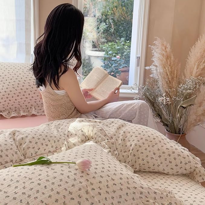 BuLuTu Chic Floral Muslin Duvet Cover Queen, Princess Ruffles Comforter Cover with Bellflower Print, Teens Bedding Queen Girls Quilt Covers 90"x90", Zipper Closure, No Pillow Cases